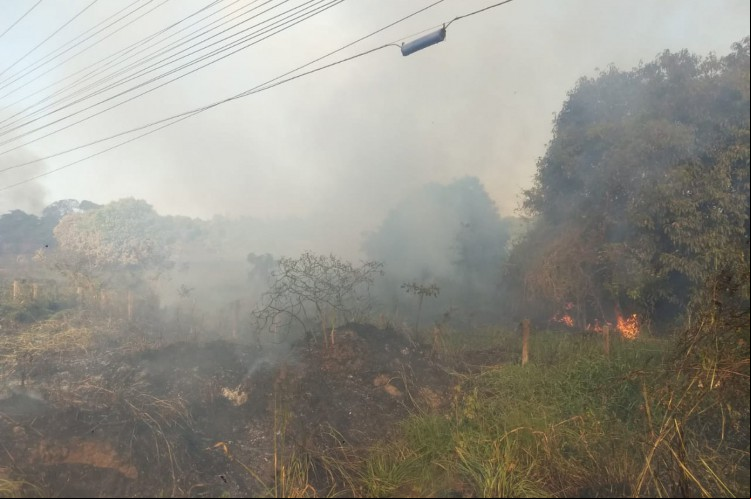 Chamas chegam próximas à fiação elétrica durante incêndio em Itaitinga