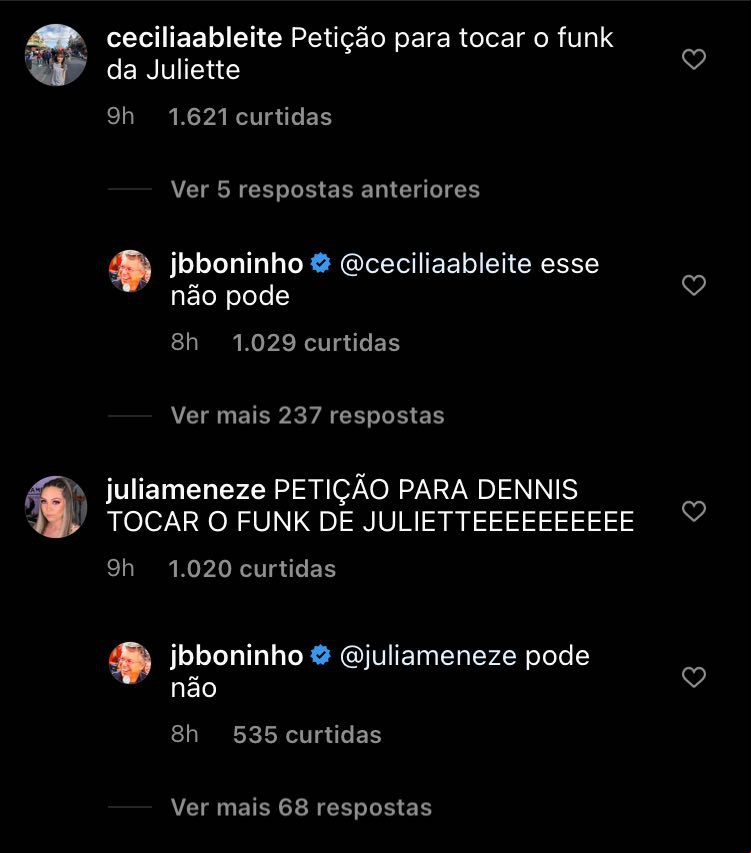 Em comentários de publicação, Boninho responde fãs sobre inclusão de "funk da Juliette" no repertório da festa desta sexta-feira, 26