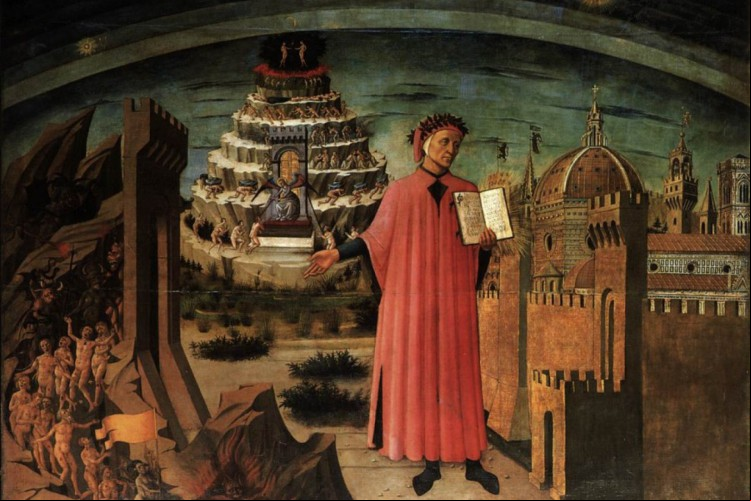 Pintura 'La Commedia Illumina Firenze', de Domenico di Michelino, que retrata Dante Alighieri e A Divina Comédia