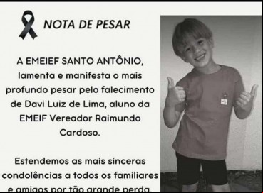 A escola em que a criança estudava lançou nota de pesar em razão da morte do menino 
