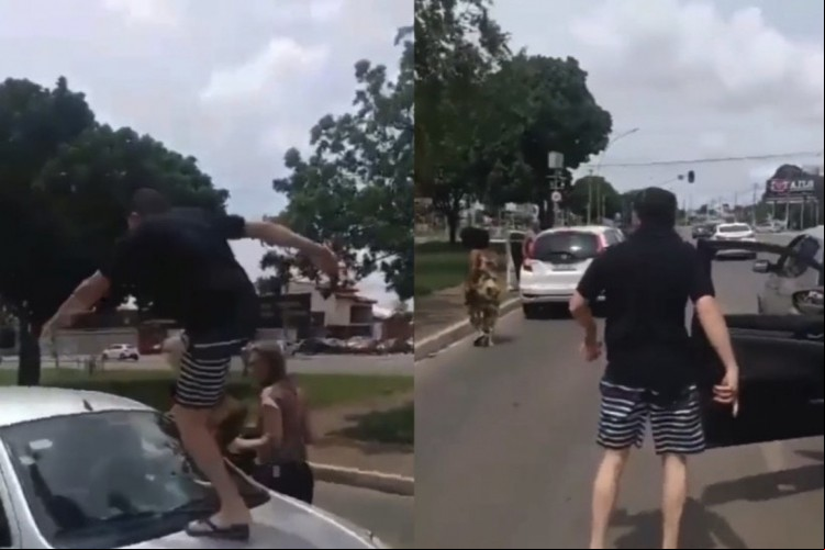 Após acidente de trânsito, um homem perseguiu a mulher que bateu no seu carro. O condutor chegou a subir no carro da motorista e quebrou o para-brisa do veículo