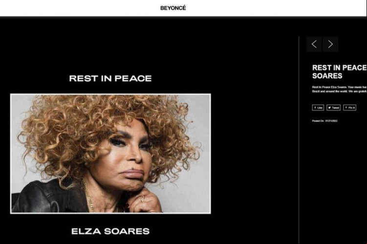 Em seu site oficial, Beyoncé homenageou Elza Soares, que morreu nessa quinta, 20. No ano ado, a estadunidense havia enviado desejos de aniversário para Elza