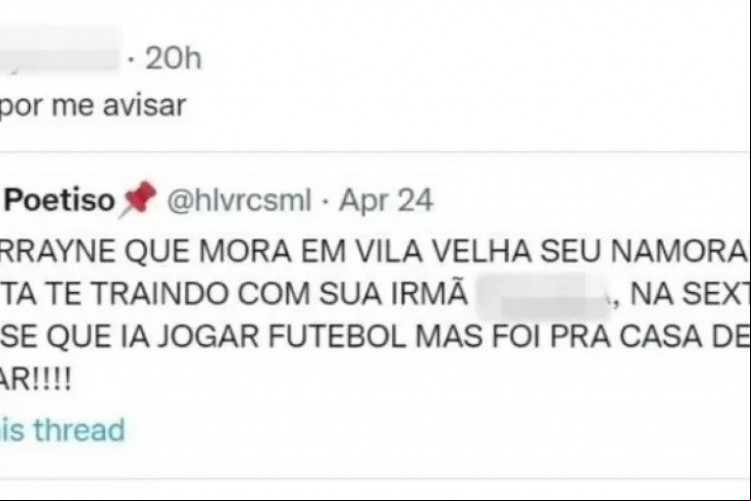 No Espírito Santo, jovem descobre traição de namorado graças à postagem de um desconhecido seu no Twitter