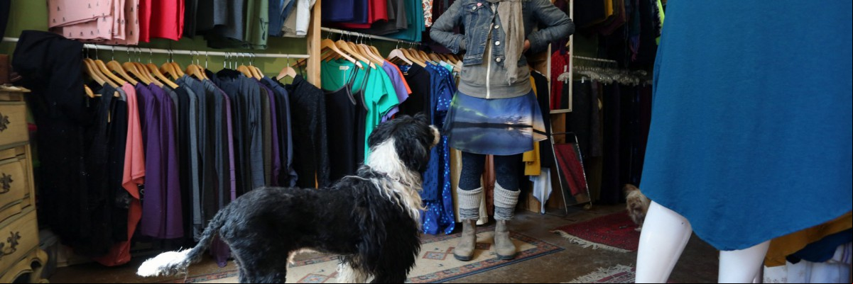 A dona da Adorit Boutique, Emma Inns, olha para seu cachorro Oscar em 5 de maio de 2022 em Ottawa, Canadá