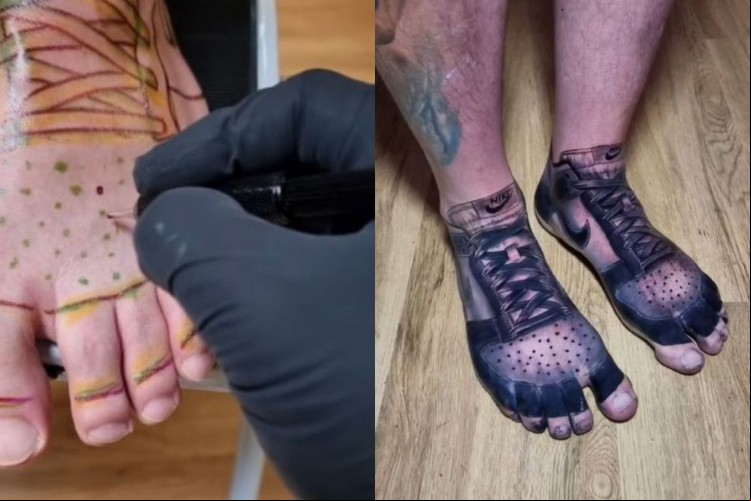 Homem tatua tênis da Nike nos pés: