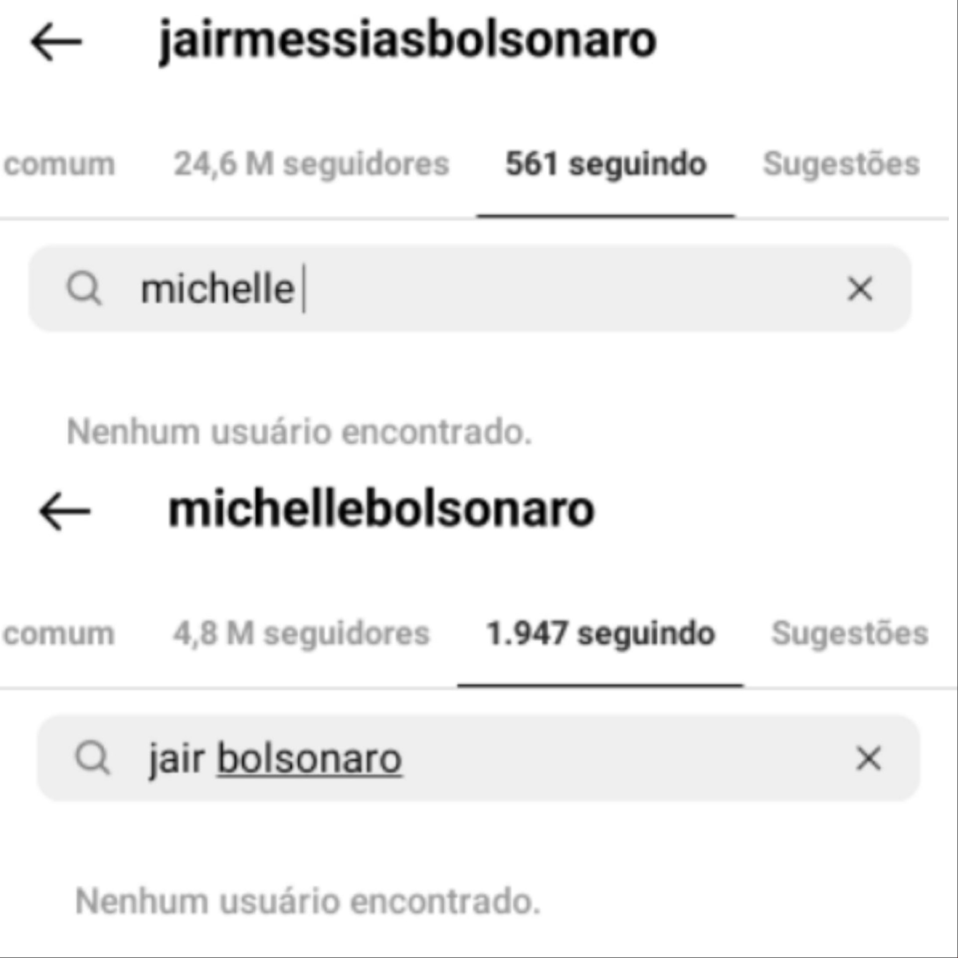 Primeira-dama Michelle Bolsonaro e Jair Bolsonaro não seguem nas redes sociais.