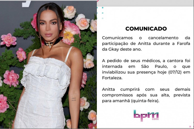 Anitta é internada em hospital novamente e cancela participação em Farofa da Gkay