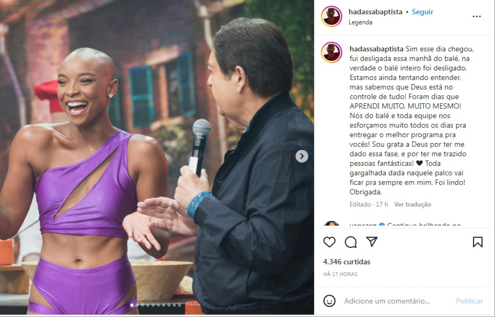 A dançarina Hadassa publicou texto de despedida do programa Faustão na Band