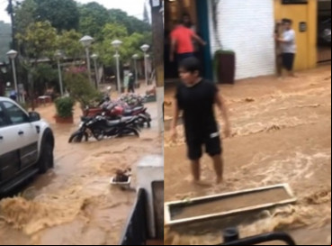 Centro de Guaramiranga alagado após fortes chuvas na Serra de Baturité 