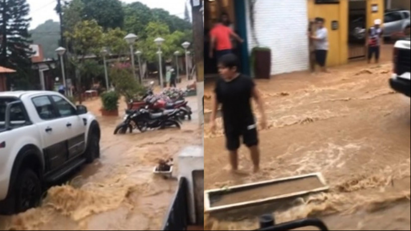 Centro de Guaramiranga alagado após fortes chuvas na Serra de Baturité