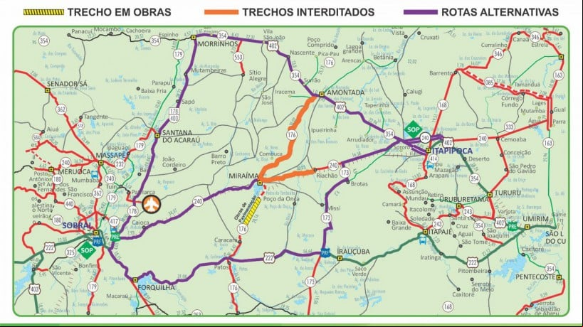 Trechos de duas rodovias que cortam o Ceará estão interditados após o extravasamento de barragens. No mapa, pontos em vermelho mostram as rodovias estaduais pavimentadas; em laranja estão os bloqueios