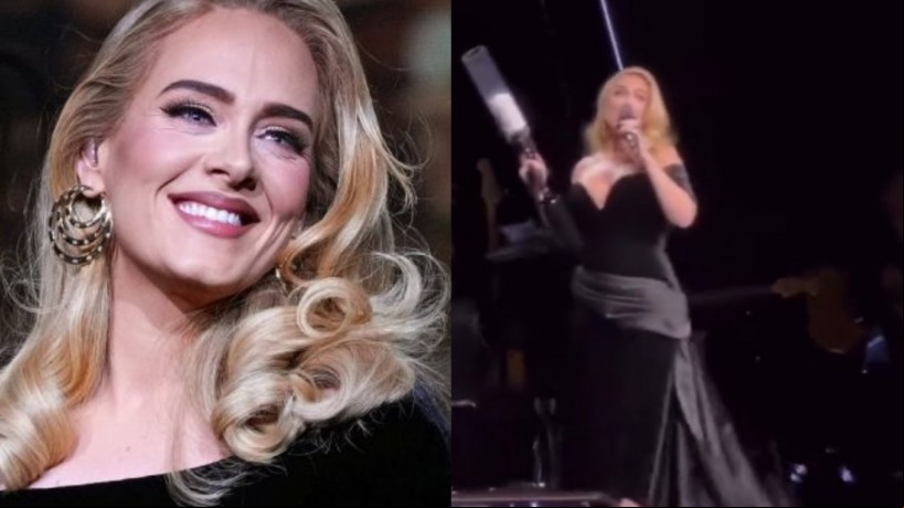Com um mini canhão na mão, Adele atirou uma camiseta na multidão e afirmou: 