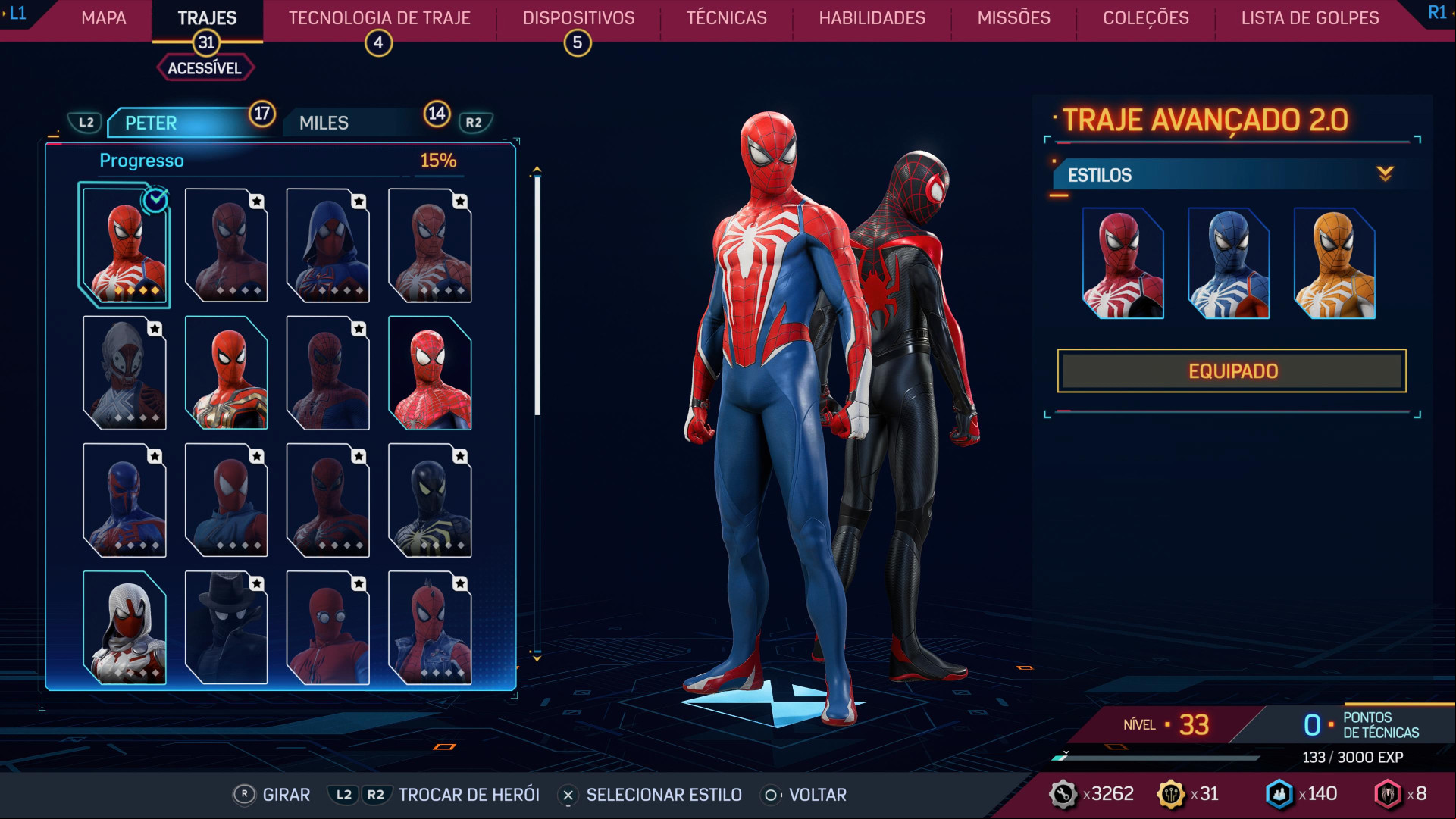 Há vários trajes disponíveis em Spider-Man 2, além de melhorias nas habilidades e nos dispositivos Há vários trajes disponíveis em Spider-Man 2, além de melhorias nas habilidades e nos dispositivos