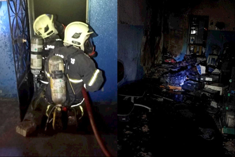 Bombeiros combatendo incêndio na loja de impressoras em Morada Nova