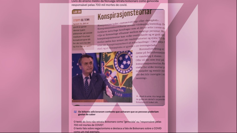 É enganosa publicação que afirma que livro do ensino médio da Noruega retrata Jair Bolsonaro (PL) como genocida responsável por 700 mil mortes pela covid-19 no Brasil
