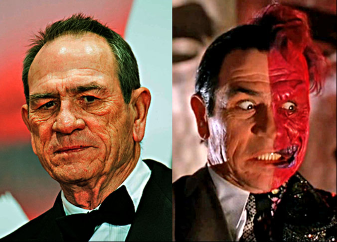 Tommy Lee Jones/ Duas Caras- O veterano, nascido em 15/9/1946 no Texas (EUA), vencedor do Oscar de ator coadjuvante por “O Fugitivo” (1993), aceitou o desafio de viver Harvey Dent/ Duas Caras em “Batman Eternamente” (1995). Nos bastidores, houve rixa entre ele e Jim Carrey.