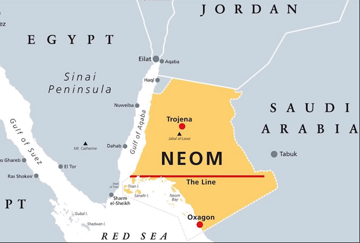 A The Line faz parte de um projeto ainda maior, chamado Neom, que é um conjunto de cidades inovadoras e não poluentes que a Arábia Saudita está planejando.