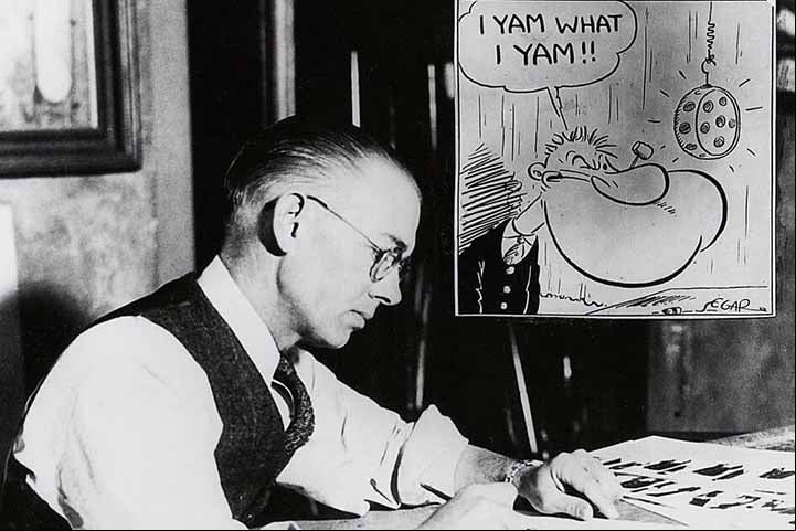 O personagem Popeye foi uma criação em quadrinhos do cartunista Elzie Crisler Segar em 1929, lançado em tirinhas de jornal.