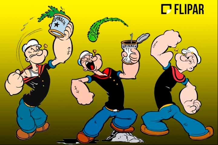 Ao apertar uma lata e ingerir o vegetal, Popeye adquire força descomunal, fica musculoso e consegue derrotar o inimigo.
