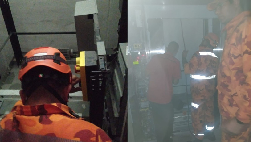 CBMCE resgata jovem de 18 anos de elevador no bairro Vicente Pinzon, em Fortaleza, neste sábado, 26