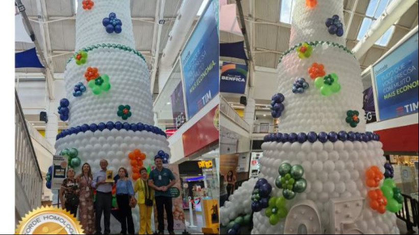 Em formato de bolo gigante, estrutura é uma homenagem aos 25 anos de shopping em Fortaleza