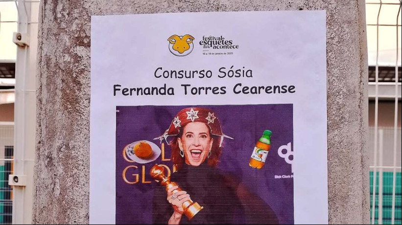 Com um refrigerante São Geraldo, cuscuz e chapéu de cangaceiro, cartaz anuncia concurso de melhor sósia cearense da atriz Fernanda Torres