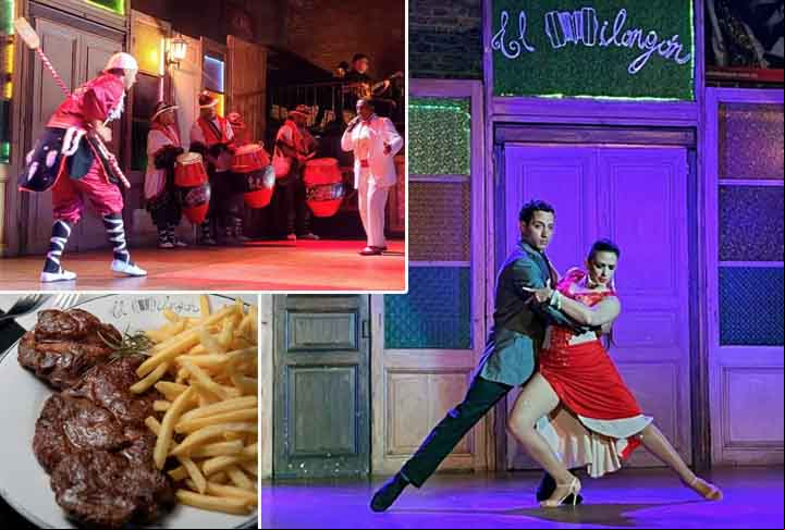 No restaurante El Milongón, o visitante pode assistir às apresentações de candombe, tango, milonga e folclore, os principais gêneros do Uruguai.