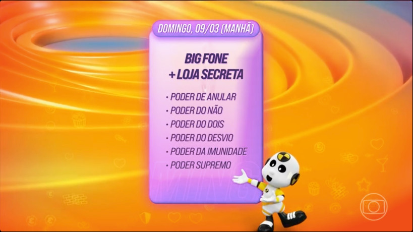 Dinâmica da oitava semana do Big Brother Brasil 2025 (BBB 25) terá "loja secreta" com diversos Poderes Curinga para escolha; participante que atender Big Fone poderá arrematar um dos benefícios Dinâmica da oitava semana do Big Brother Brasil 2025 (BBB 25) terá "loja secreta" com diversos Poderes Curinga para escolha; participante que atender Big Fone poderá arrematar um dos benefícios
