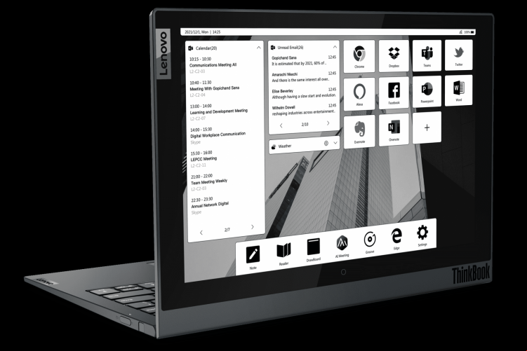 Lenovo ThinkBook Plus Gen 2i, com tela de e-Ink na traseira, foi um dos anúncios de notebooks da CES 2021; marcas como Dell, HP, Acer e Samsung também mostraram novidades no evento