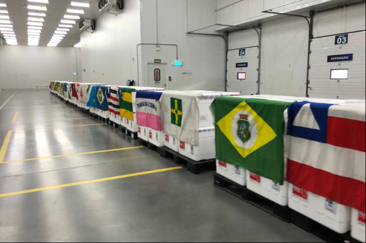 Estoques de vacinas no aeroporto de Guarulhos, antes de serem embarcados, com as bandeiras dos estados de destino, na manhã desta segunda-feira, 18 de janeiro (18/01)