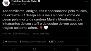 Fortaleza presta homenagem à cantora Marília Mendonça por meio do perfil oficial do clube no Twitter