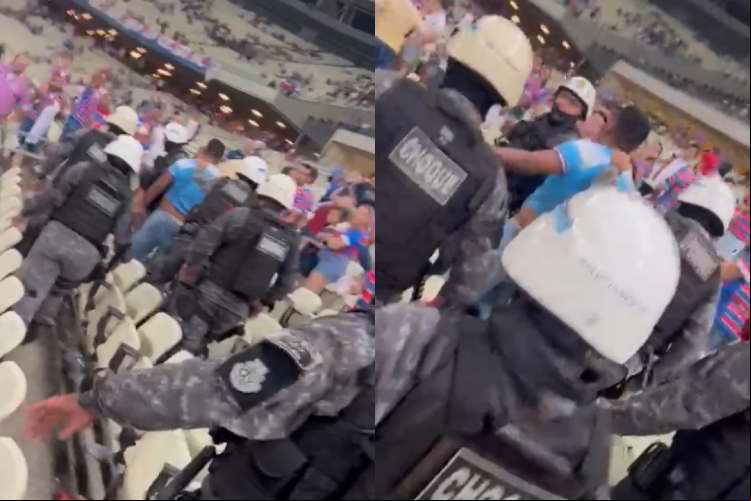 Presentes na arquibancada relataram que torcedor levado por arremesso de garrafa em campo não seria autor da infração. Ele foi liberado após prestar esclarecimento na delegacia.