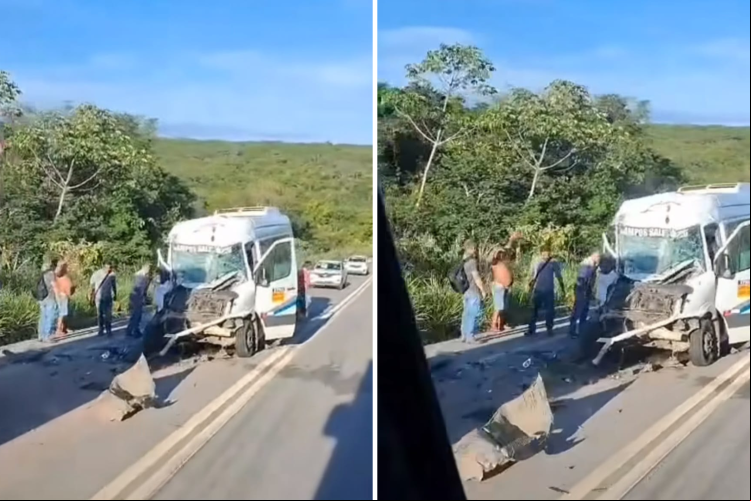Motorista e cobrador ficam presos em ferragens após topique colidir com caminhão na CE-292