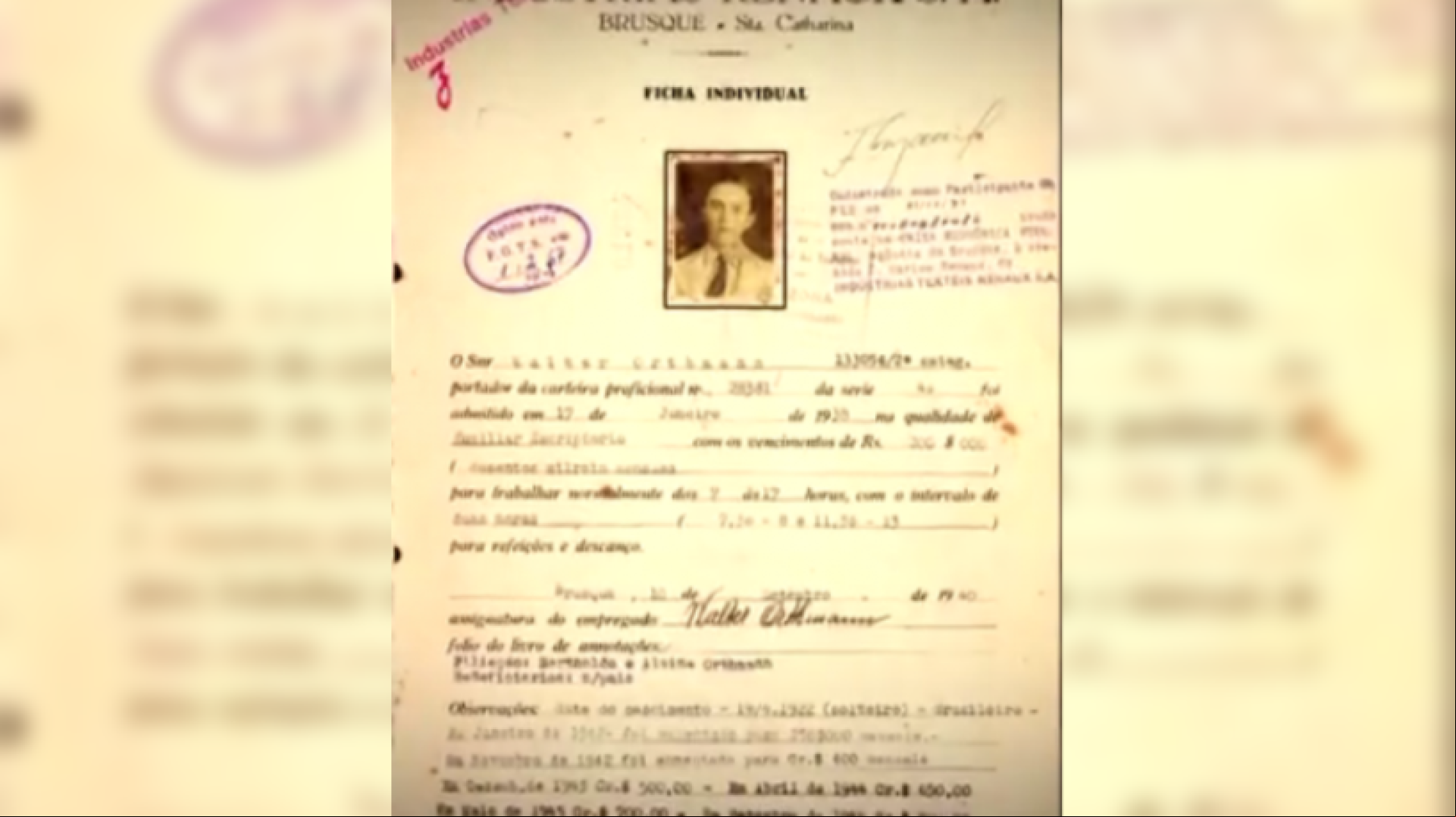 O contrato de trabalho de Walter Orthmann foi assinado em 1938. O contrato de trabalho de Walter Orthmann foi assinado em 1938.
