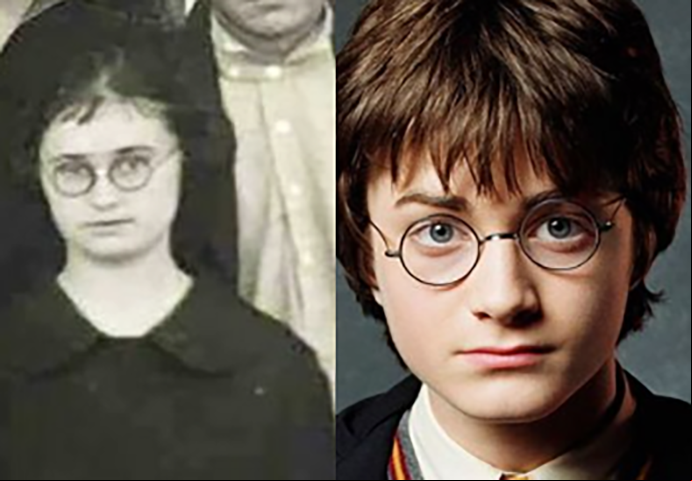 O ator britânico Daniel Radcliffe, quando menino, e essa mulher desconhecida do ado. Será magia?