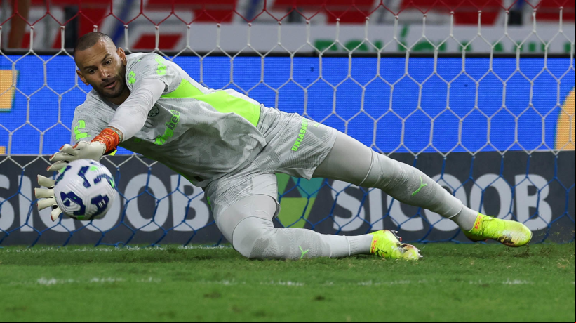 O goleiro Weverton, da SE Palmeiras, em jogo contra a equipe do Fortaleza EC, durante partida válida pela quinta rodada, da Série A do Campeonato Brasileiro 2025, na Arena Castelão  